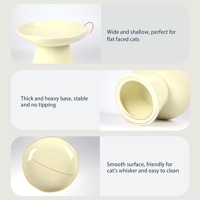 Wide Shallow 6.1" Raised Cat Bowls, Ceramic Elevated Food Plate for Flat Faced Cats and Small Dogs, Porcelain Feeder Bowl, Stress Free, Protect Cat’s Spine, Cream - Image 3
