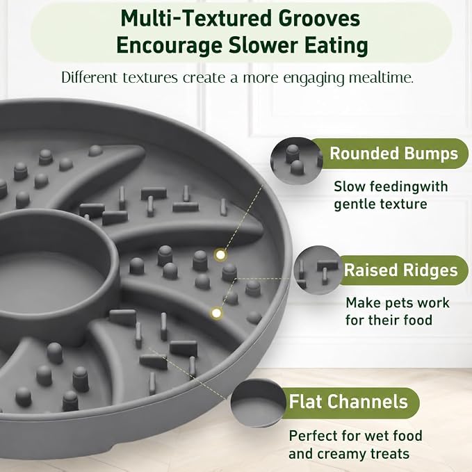 Slow Feeder Dog Bowl Silicone Suction Cup Anti Spill Dogs Cats Grey | strong suction base prevents sliding, extends mealtime, reduces anxiety, textured surface, dishwasher safe - Image 2