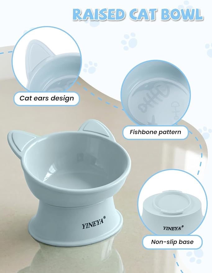 YINEYA Elevated Cat Bowls 2 Pcs, Cat Food Bowl to Protect Neck & Anti-Vomit, Whisker-Friendly Raised Food and Water Bowls Set for Indoor Cats/Small Dogs, Cute Pet Feeding Bowl 6 OZ Each, Yellow & Blue - Image 5
