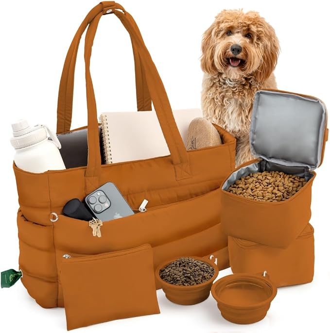 Rubyloo Puffer Dog Travel Bag for Dog Moms, Diaper Bag with Travel Bowls | 2 BPA-Free Collapsible Bowls, 2 Pet Food Containers, 9 Pockets, Everyday Puffer Bag Works With or Without Your Dog, Rust by Rubyloo