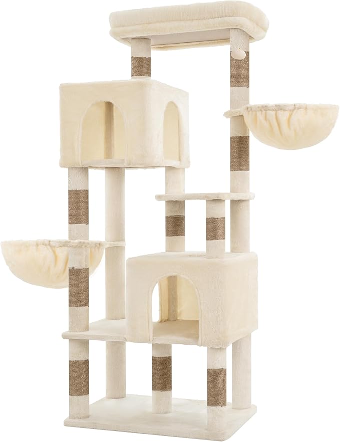 Heybly 68.1" Cat Tree with Oversized Top Platform & Wide Base HCT059MJ | Heavy Duty Cat Tower for Large Indoor Cats with 2 Condos, 2 Hammocks, 10 Sisal Scratching Posts, Stable Cat House, Beige - Image 4