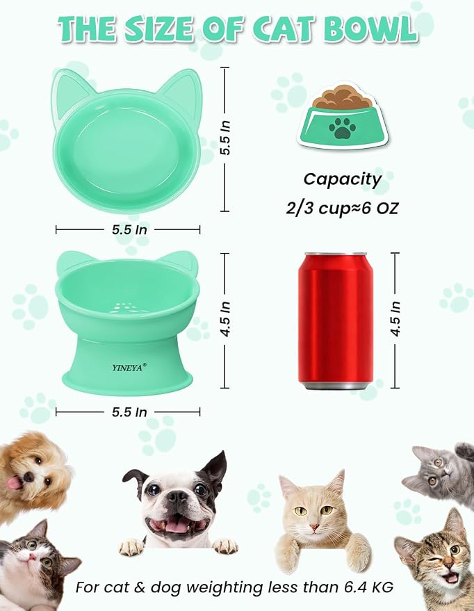YINEYA Elevated Cat Bowls 2 Pcs, Cat Food Bowl to Protect Neck & Anti-Vomit, Whisker-Friendly Raised Food and Water Bowls Set for Indoor Cats/Small Dogs, Cute Pet Feeding Bowl 6 OZ Each, Pink & Green - Image 4