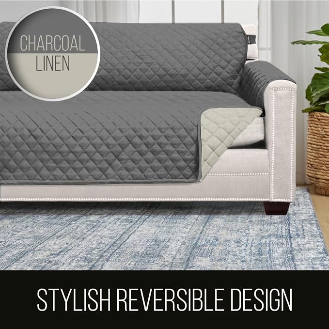 Sofa Shield® Couch Small Sofa Slip Cover for Dogs with Strap Charcoal Linen | Reversible Furniture Protector, Stain and Tear Resistant Cushion Cover, Machine Washable Slipcover for Pets, Cats 70 inch - Image 5