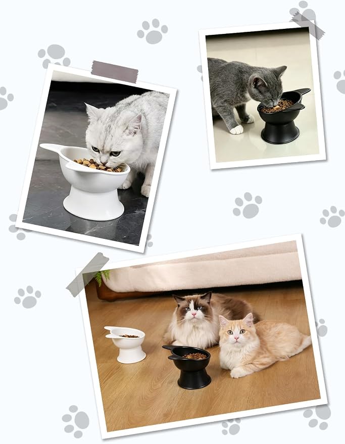 YINEYA Elevated Cat Bowls 2 Pcs, Cat Food Bowl to Protect Neck & Anti-Vomit, Whisker-Friendly Raised Food and Water Bowls Set for Indoor Cats/Small Dogs, Cute Pet Feeding Bowl 6 OZ Each, Black&White - Image 8