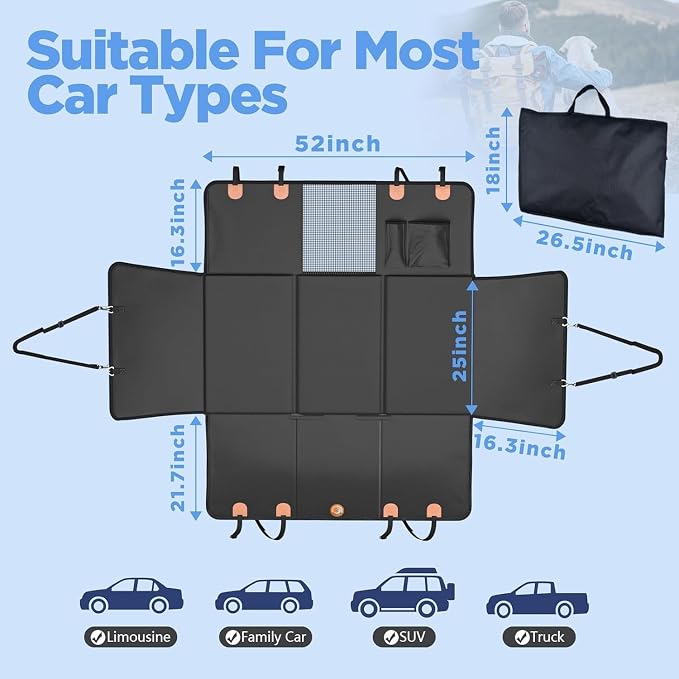 MYJAQI Back Seat Extender for Dogs, Hard Bottom Dog Car Seat Cover | 100% Waterproof PU Leather, Holds 400lbs, Scratch Proof and Anti Slip Dog Hammock for Car, Mesh Window & Dog seatbelt - Image 4