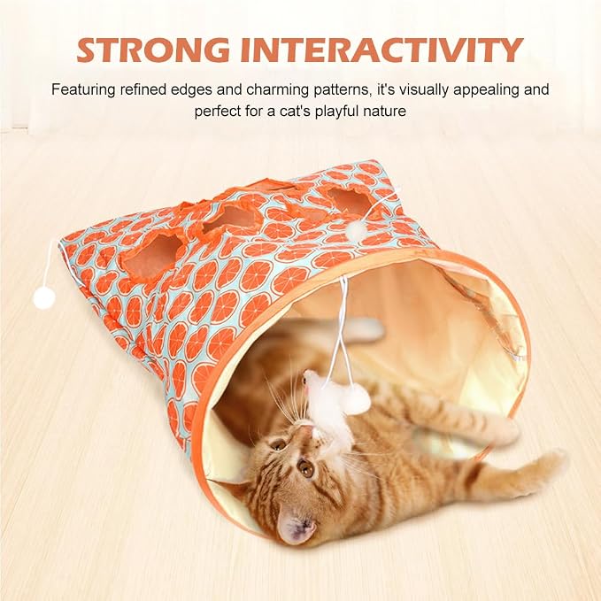 SYCOOVEN Cat Tunnel Bag for Indoor Cats, Pet Collapsible Tunnel Crinkle Sack Bag with 1 Little Mouse & Toy Ball, Crinkle Paper Interactive Cat Toys Hide and Seek(Orange Pattern) - Image 4