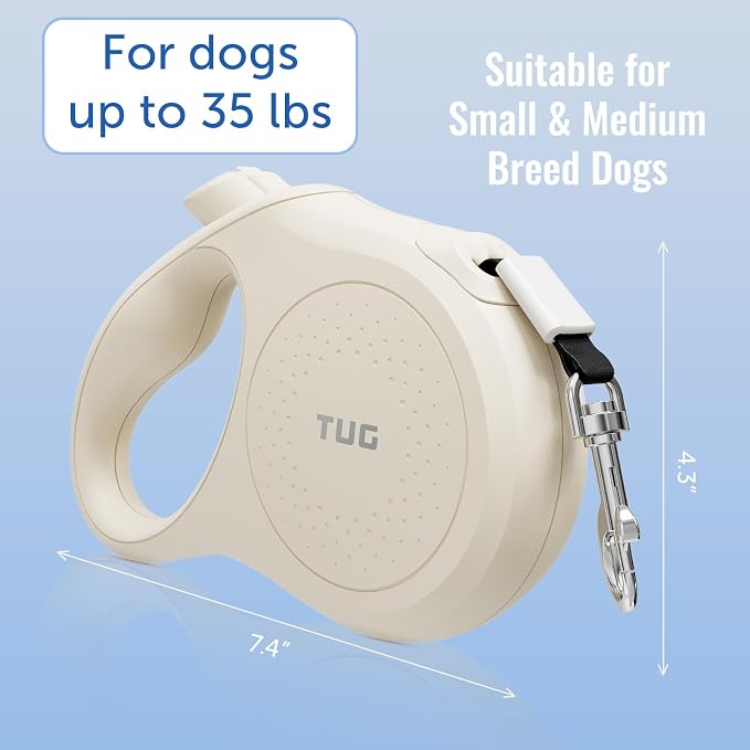 TUG Quest Retractable Dog Leash | 360° Tangle-Free Retraction | 16 ft Strong Nylon Tape (Small, Cream) - Image 4