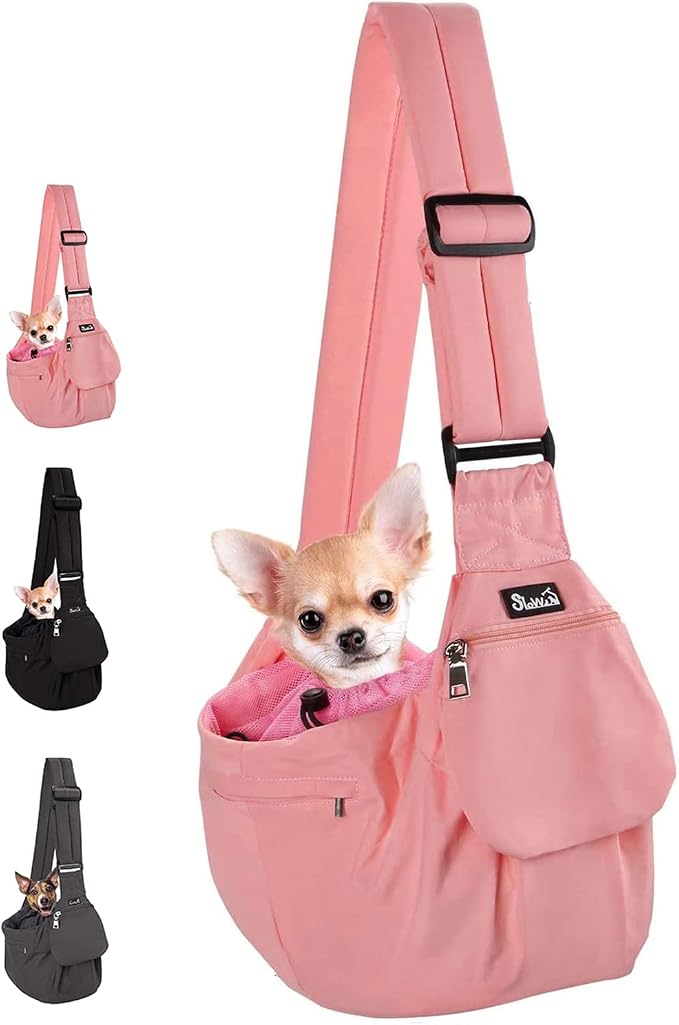 Lukovee Pet Sling, Small Pet Carrier, Hard Bottom Support & Safety Hook | Adjustable Drawstring Opening, Comfortable Padded Shoulder Strap, Zipper Pocket, Dog Slings Purse for Small Dog Cat (Pink) by Lukovee