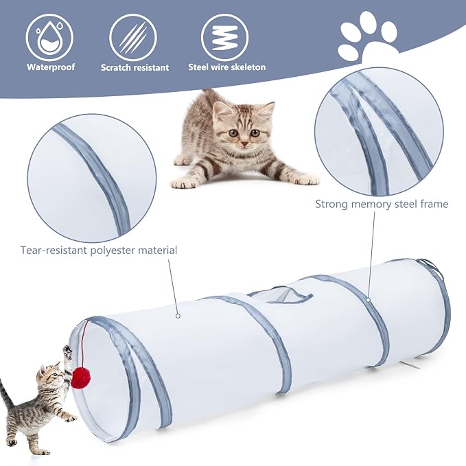 Sheldamy Cat Tunnel, 2-Way Cat Tunnels for Indoor Cats, Collapsible Cat Play Tunnel, Interactive Toy Maze Cat House with 1 Play Ball for Cats, Puppy, Kitty, Kitten, Rabbit (White & Grey) - Image 3