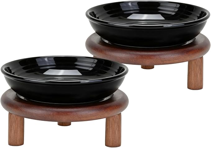 SPUNKYJUNKY Shallow Elevated Cat Bowl with Acacia Wood Stand Wide Raised Ceramic Cat Dishes Whisker Friendly Pet Food and Water Plates (Striped Pattern, 2 Pack, Black) by SPUNKYJUNKY