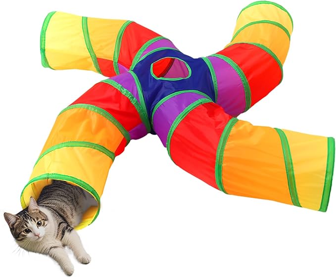 Pet Cat Tunnel, 4 Way Tunnels for Indoor Cats, Collapsible Pet Tunnel for Kitten, Puppy, Rabbit, 25cm-Wide Tunnels, Durable & Breathable, with Peek Hole Toy Ball by Tamiplay