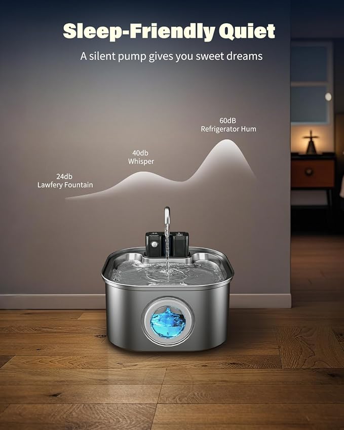 Lawfery 3.2L/108oz Wireless Stainless Steel Cat Water Fountain | Battery Operated Cordless Design with 3 Modes, Pet Drinking Fountain for Cats and Small Dogs, 4 Filters & 4 Sponges - Image 5