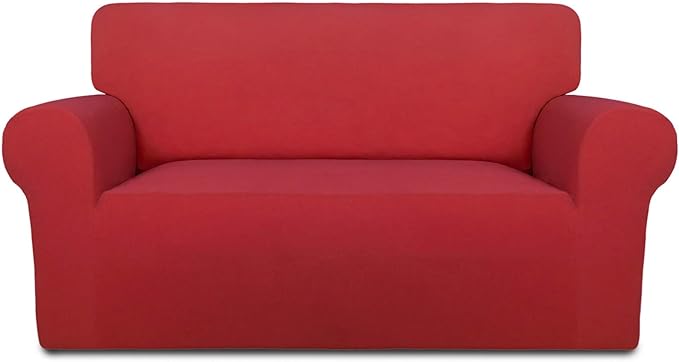 PureFit Stretch Loveseat Covers Fleece Couch Covers for Sofa Red | 1-Piece Sofa Slipcover Soft Couch Protector, Sofa Cover Washable with Non Skid Foam and Elastic Bottom for Kids, Dogs by PureFit