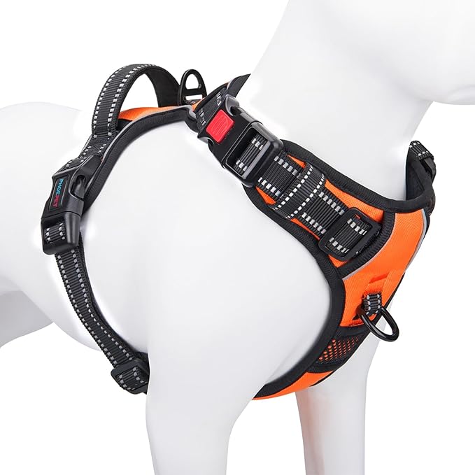 Reflective Dog Harness Large Breed Adjustable No Pull Vest | with Handle 2 Metal Rings 3 Buckles [Easy to Put on & Take off](XL, Orange) by PHOEPET