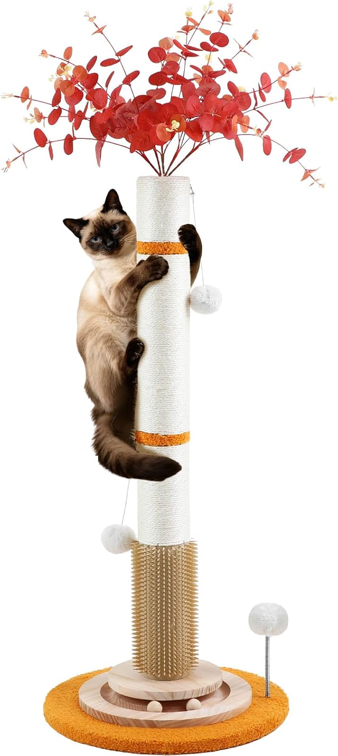 Cat Scratching Post,45'' Tall Scratcher Tree Toys for Indoor Large Cats | 3.5Inch Diameter Sisal Rope,Artificial Flower Design,100% Natural Sisal,Self Groomer Brush,Wood Interactive Ball Toys by COUNER