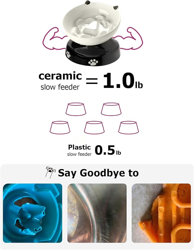 Y YHY Ceramic Cat Slow Feeder, Elevated Dog Food Bowl Tilted Design, Slow Feeder Bowl no Black Chin, Cat Shape for Dry and Wet Food - Image 2