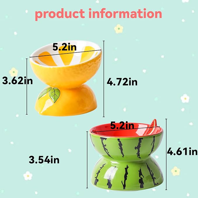 2PCS Ceramic Elevated Cat Bowls Raised Cat Food and Water Bowl Dishes Set | 5.2in Tilted Anti Vomiting Slow Feeder Cat Dishes, Whisker Friendly for Indoor kitten,Cute Watermelon & Lemon Design - Image 4