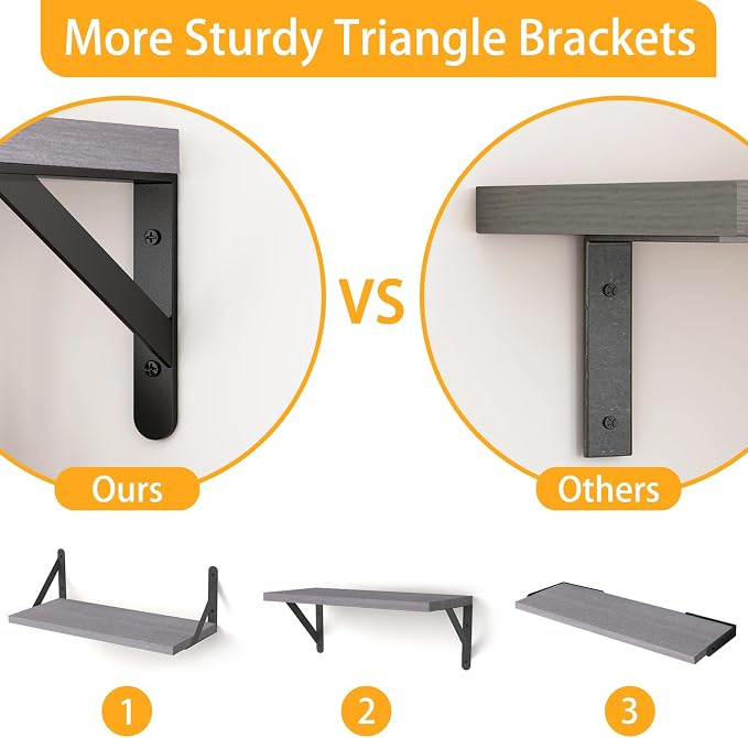 YGEOMER 16.5in Floating Shelves for Wall Home Decor, Wood, Grey, Set of 6 | Rustic wood shelves with metal brackets. Space-saving for books & decor. Works in bathroom, kitchen, living room & bedroom. - Image 4