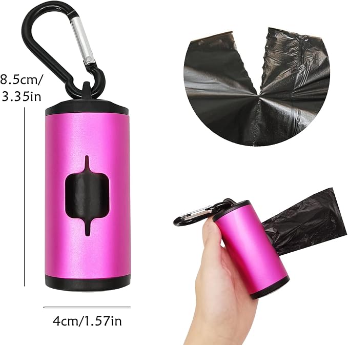 YUCHIYA Aluminum Dog Poop Bags Holder with Carabiner Metal Pet Waste Bags Dispenser with Hook and Loop Fastener and Elastic Cord to Carry Used Bags (Pink, 1 Holder 15 Bags) - Image 4