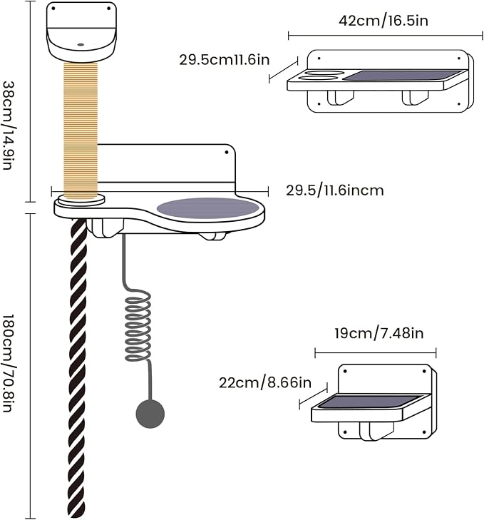 Cat Wall Shelves, Large Wall-Mounted 6-in-1 cat Furniture Set (Climbing Rope+Sisal Scratching Post+Macrame Resting Hammock+Interactive Toys Ball+Feeding Bowls Station+3 Wall Steps) for Indoor Kitties - Image 5