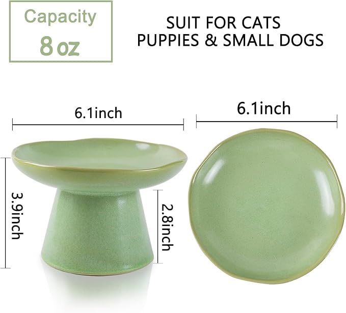 Wide Shallow 6.1" Raised Cat Bowls, Ceramic Elevated Food Bowl for Flat Faced Cats and Small Dogs, Porcelain Feeder Bowl, Stress Free, Protect Cat’s Spine, Green - Image 2