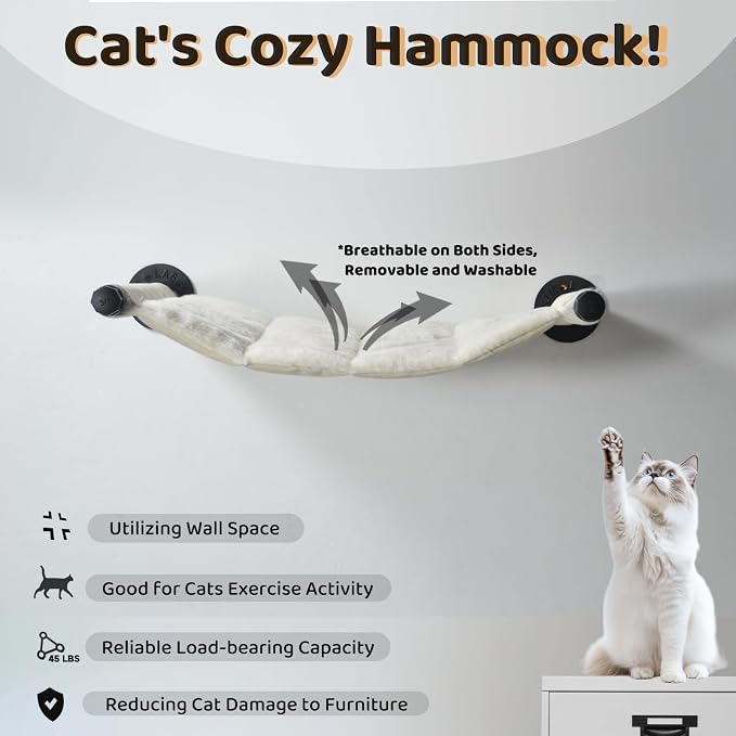 Cat Hammock Wall Mounted, 22.44 x 13.78 in (Soft & Warm Fabric) | Washable Replacement Cloth, For Medium-Sized cats, Wall Mounted Cat Shelves for Sleeping, Playing, Climbing and Resting - Image 3