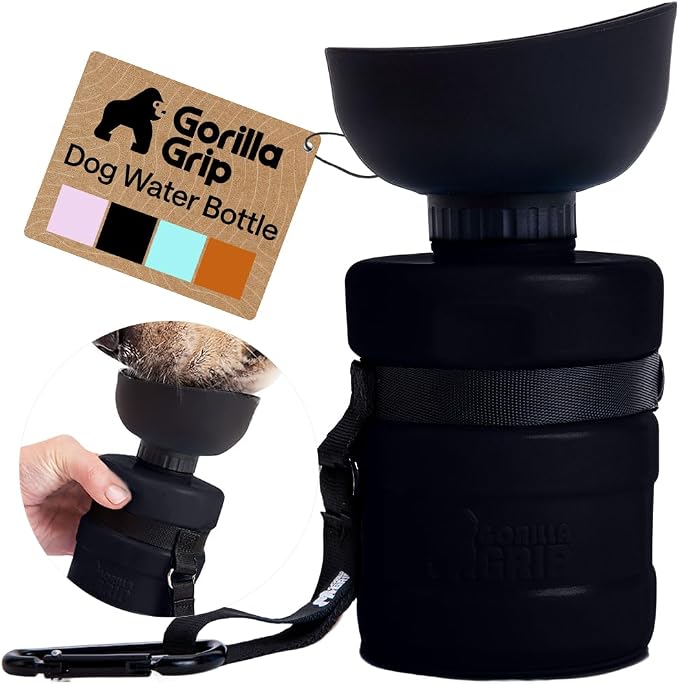 GORILLA GRIP Dog Water Bottle, Portable Water Bowl Dispenser for Dogs, 16 oz Leak Proof Pet Travel Squeeze Bottles Food Grade Silicone, Stocking Gifts for Pets to Go Puppy Essentials, Black by Unknown