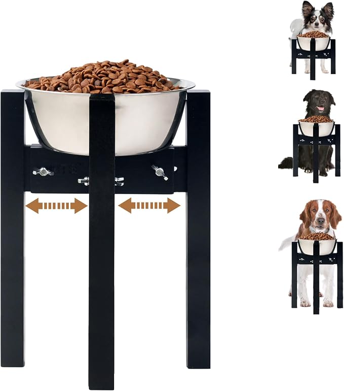 Elevated Dog Bowl Stand Adjustable Dog Food Holder 14”H Large Black | 14” Elevated Dog Bowl Stand, Large Dogs, Adjustable, Fits 8”-11” Bowls, Single Bowl Holder, Natural Bamboo, Classic Black by HTB