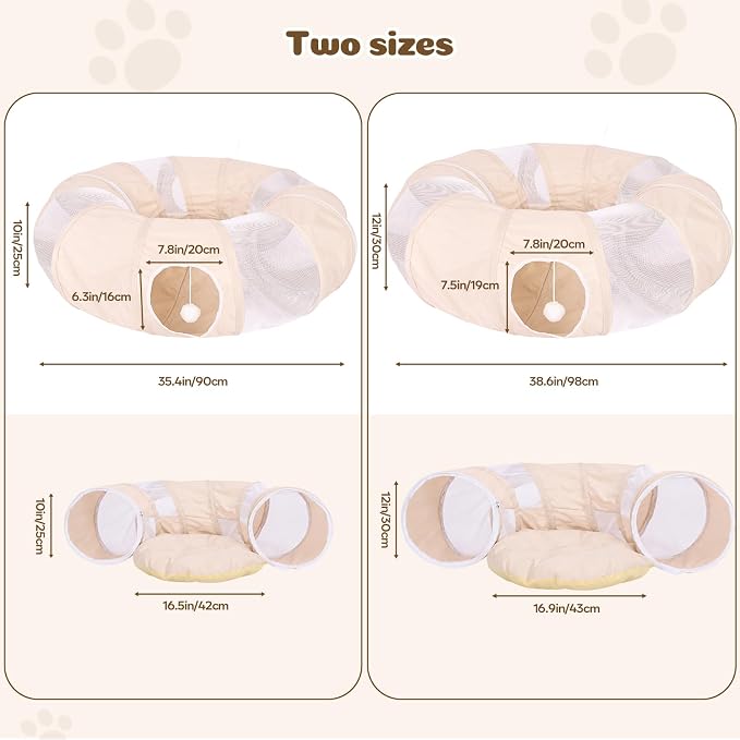 Ownpets Collapsible Cat Tunnel Toy - 2-in-1 Interactive Play Tunnel for Cat up to 18 lbs, Tear-Resistant Mesh, Fold to 2 Inches Thick, Portable Cat Exercise & Entertainment Tunnel, 12" Diameter, Khaki - Image 5