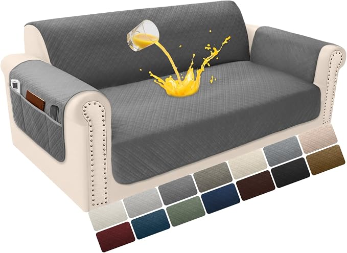 Velvet 100% Waterproof Loveseat Covers Washable Love Seat Couch Covers for 2 Cushion Couch Sofa Pet Friendly Sofa Slipcovers for Dogs Furniture Protector with Pockets (Medium, Dark Grey) by YUEVELLASofaCover