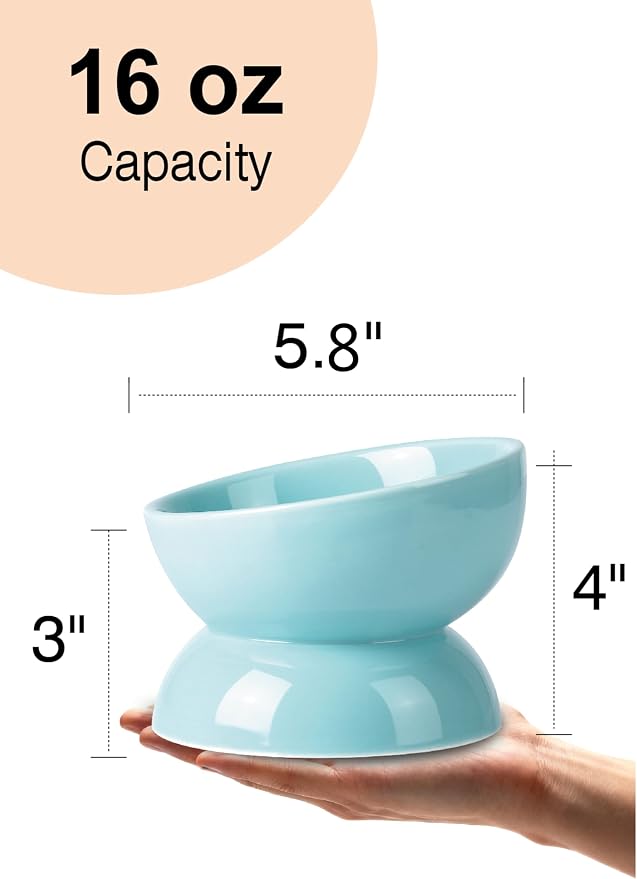 ABRUTY Cat Water Bowl, 16 OZ Ceramic Elevated Cat Bowls, 15° Tilted and Raised Pet Food Dish, Anti Vomiting Protect Pets' Spines and Whisker Fatigue, Set of 2, Turquoise - Image 2