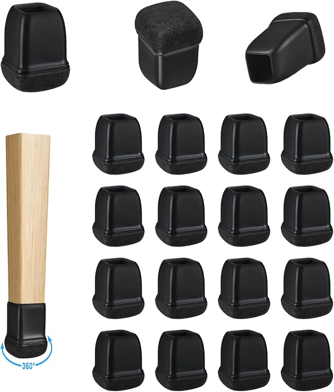 16 Pack Chair Leg Floor Protectors for Hardwood Floors, Square Rubber Furniture Sliders, 360°Felt Pad Bottom Wrapped Thickening Silicone Furniture Legs Caps Covers(Square,Black-S) by Yarehand