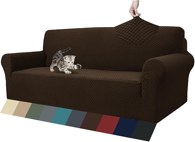 ZNSAYOTX 1 Piece Jacquard Couch Covers for 3 Cushion Couch Living Room High Stretch Sofa Cover Pets Dogs Friendly Anti Slip Thickened Slipcovers Furniture Protector (Sofa, Dark Coffee) by ZNSAYOTX