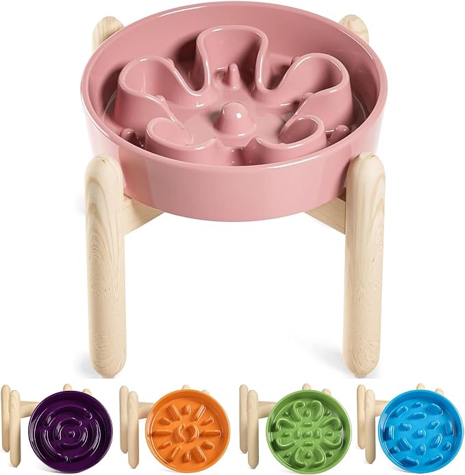 LE TAUCI Ceramic Slow Feed Dog Bowls, Elevated for Small and Medium Breed Dogs, Anti-Gulping Pet Feeding Dishes, Flower Pink, 1.5 Cups by LETAUCI