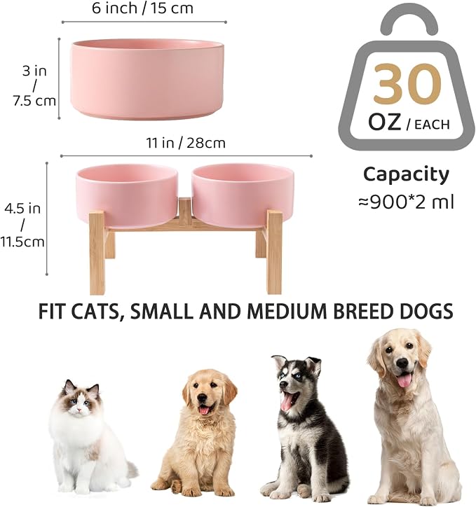Raised Ceramic Dog Bowl Set - Elevated Dog Bowls with Non Slip Bamboo Stand, Food and Water Bowl Set for Small and Medium Breed Dogs, Pet Bowls, Weighted Dogs Dishes (6'', 2 * 30OZ, Pink) - Image 3