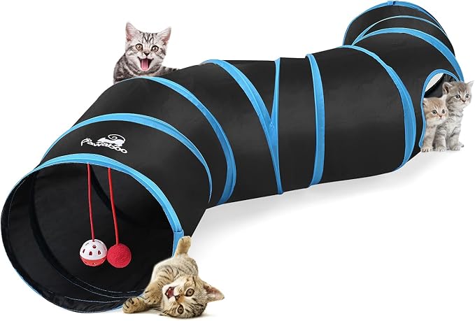 Pawaboo Cat Tunnel Tube S-Shaped, 25x97cm, Blue | Extensible Collapsible, Interactive Toy Maze, With Balls and Bells, For Kitten Kitty Rabbit Small Animal by Pawaboo