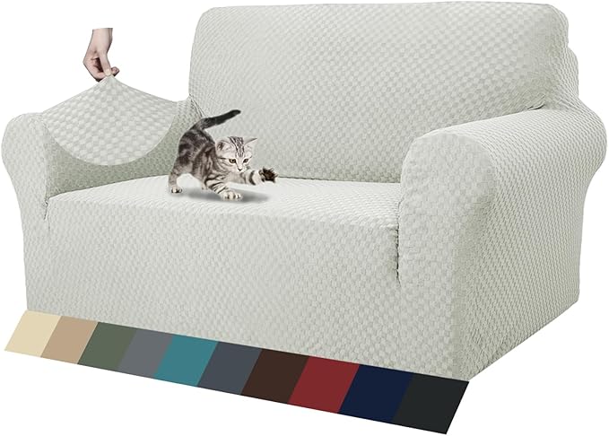ZNSAYOTX 1 Piece Jacquard Couch Covers for 2 Cushion Couch High Stretch Loveseat Slipcover for Pets Dogs Anti Slip Love Seat Sofa Slipcover Furniture Protector (Medium, Ivory) by ZNSAYOTX