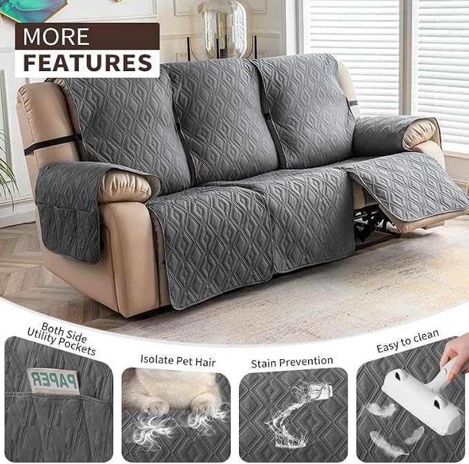 Genina Waterproof Couch Cover for Reclining Couch 3 Seat Recliner Sofa Covers, Non-Slip Recliner Couch Cover Furniture Protector with Elastic Straps for Pets, Dogs (Dark Gray, Recliner Sofa) - Image 3