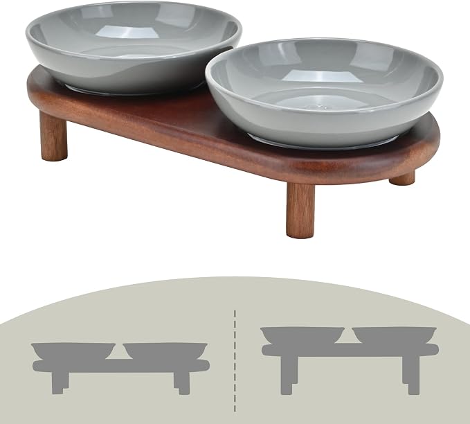 SPUNKYJUNKY Extra Wide Elevated Ceramic Cat Bowl with Acacia Wood Stand Whisker Friendly (Cat Paw Pattern, Gray) by SPUNKYJUNKY