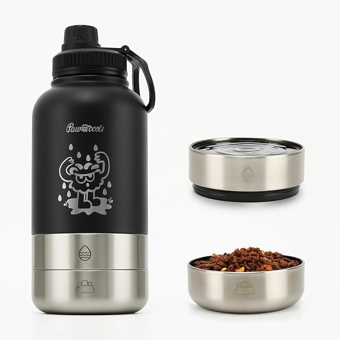 34oz Dog Water Bottle, Stainless Steel Dog Water Bottle Dispenser with Detachable Food & Water Bowls, Keeps Water Hot/Cold, for Walking, Hiking, Camping(Black) by Pawccoli