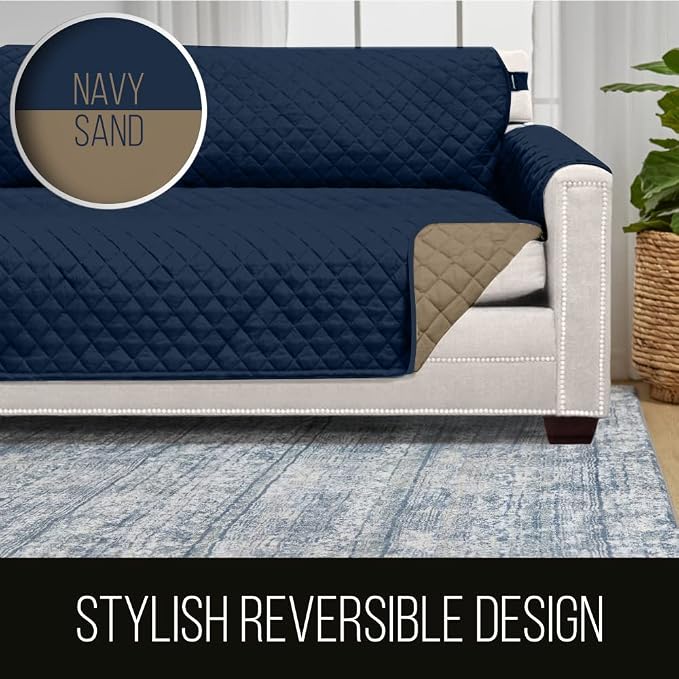 Sofa Shield® Couch Oversize Sofa Slip Cover for Dogs with Strap, Navy Sand | Reversible Furniture Protector, Stain and Tear Resistant Cushion Cover, Machine Washable Slipcover for Pets, Cats 70 inch - Image 5