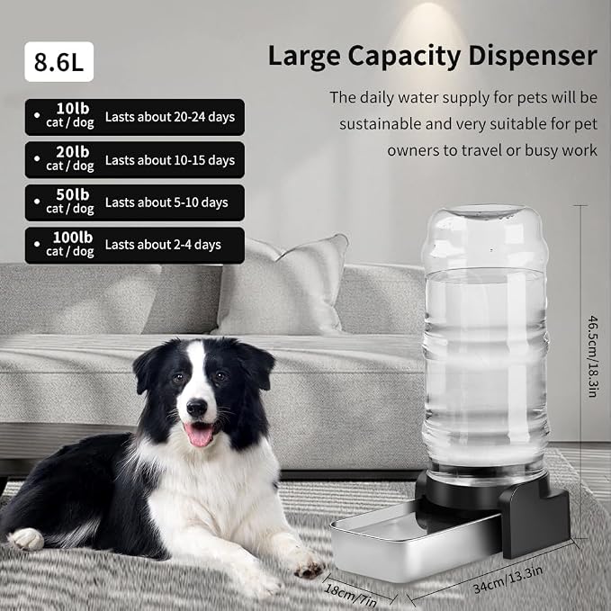 Marchul 2.3 Gallon Dog Water Dispenser, Large Dog Water Dispenser with Placemat and Stainless Steel Bowl, Automatic Gravity Pet Bowl for Dogs Medium to Large (8.6L + 3 Filters + Mat) - Image 2