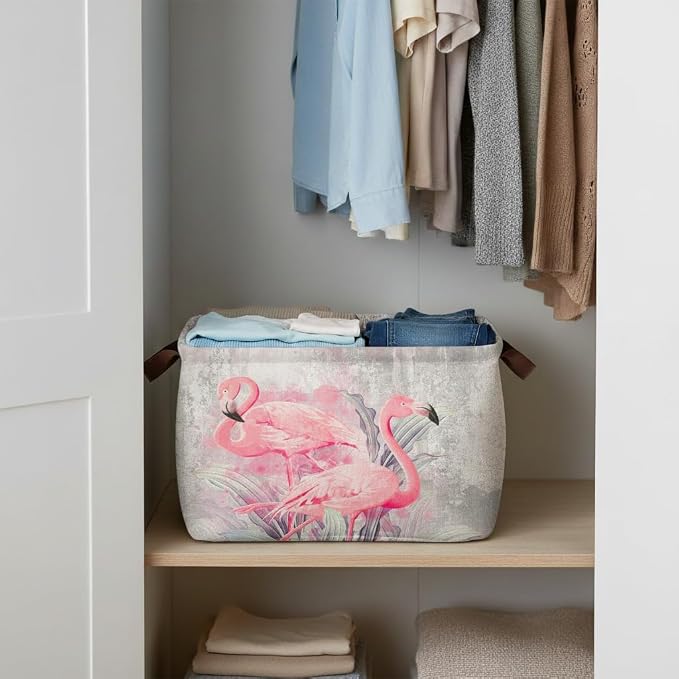 Flamingo Storage Basket Waterproof Canvas Toy Storage Bin Home Flamingo Decor Collapsible Outdoor Basket with Leather Handles Flamingos Gifts Blanket Baskets For Closets,Bedrooms,Bathroom - Image 4