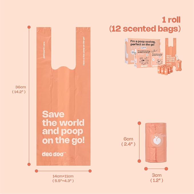 Deo Doo Dog Poop Bags with Handles, 360 Bags, Peach Scented | Easy-Tie, Extra Thick Leak Proof, 30 Refill Rolls for Small and Medium Dog Walks, Pet Waste and Cat Litter Cleanup - Image 3