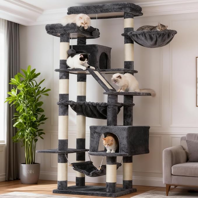 Heybly Cat Tree, 71-Inch-Tall Tower for Indoor Cats with 2 Perches HCT034G | Large Cat Furniture with 2 Big Condos, 2 Hammocks, Basket, Scratching Pad, Multi-Level Cat Condo, Smoky Gray - Image 8