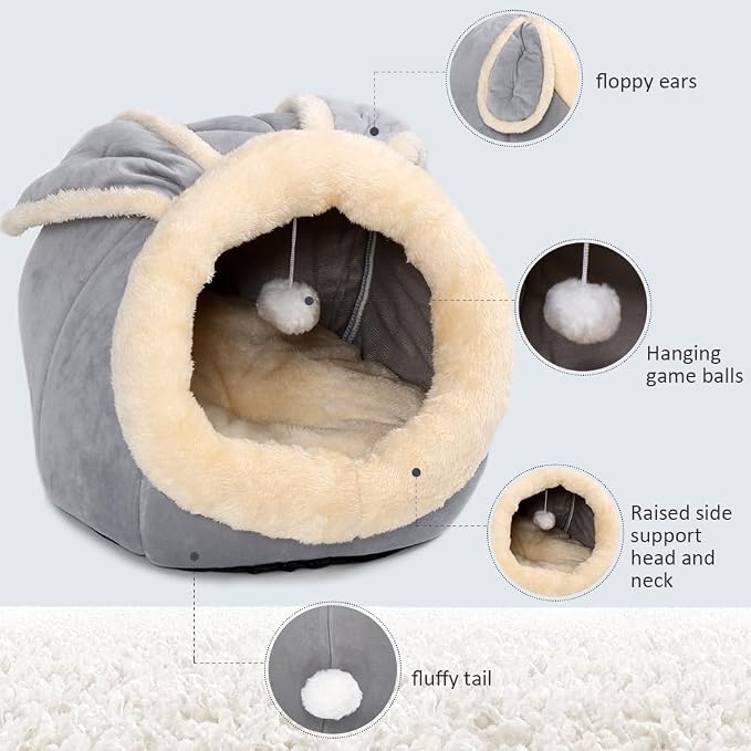 Cat Beds for Indoor Cats-Rabbit-Shaped Cat Cave Bed with Hanging Toy,Grey M | Super Soft Calming cat Tent house for Kitten&Puppy,Warm Plush&Machine Washable&Removable Cushioned Pad,Cute cat Hideaway - Image 5