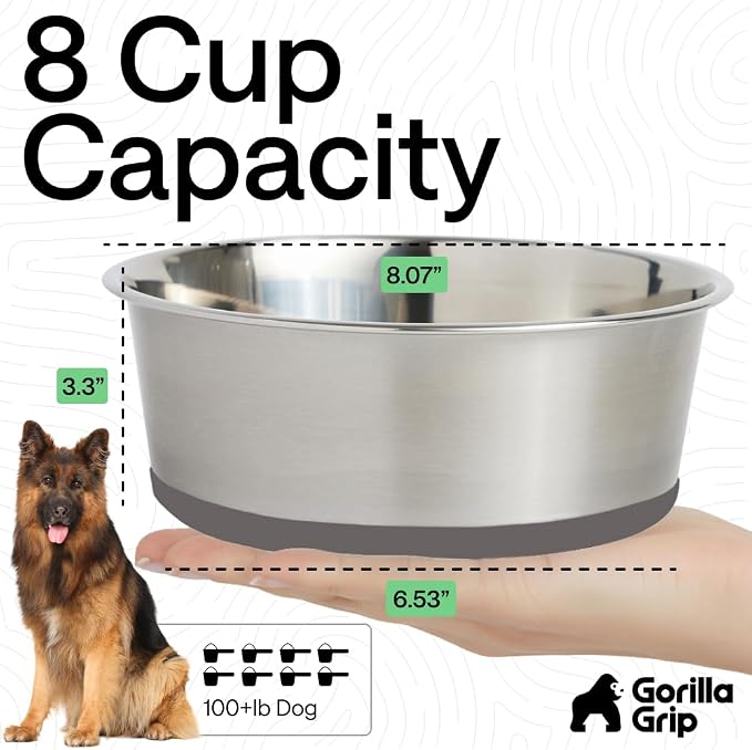 GORILLA GRIP Dog Bowls, Food Grade Stainless Steel, Set of 2, 8 Cup, Gray | 304 Stainless Steel Pet Feeding Bowls Hold 64 fl oz Each, Dishwasher Safe, Rust Resistant, BPA Free Rubber Base - Image 4