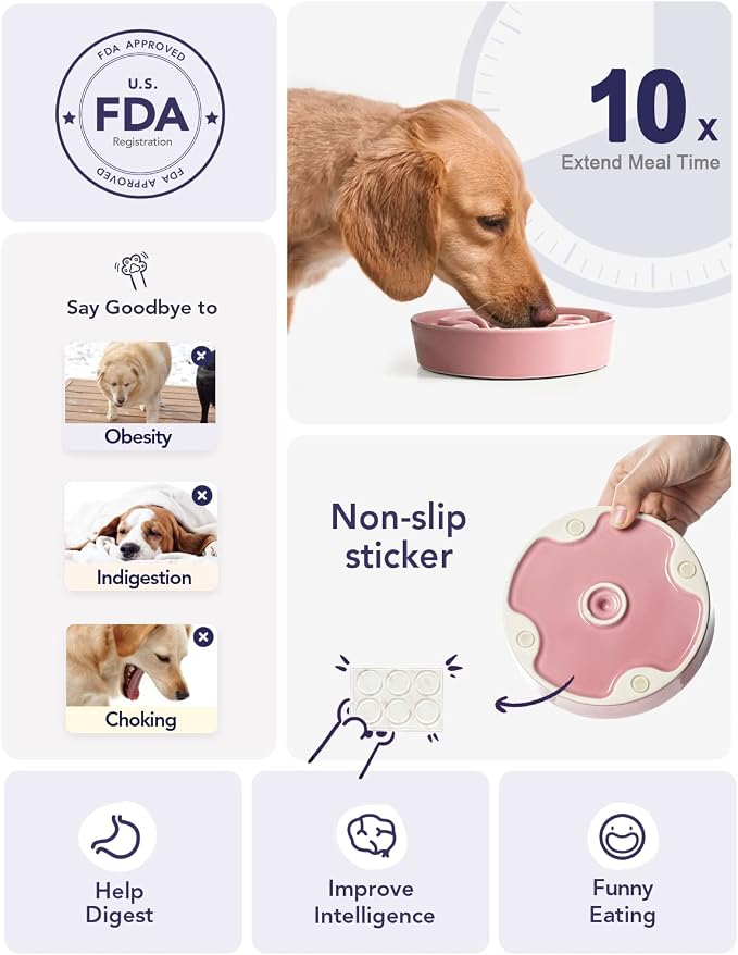 LE TAUCI Ceramic Slow Feeder Dog Bowls Small Breed, 0.6 Cups Dog Food Dish for Fast Eaters, Puzzle Bowl for Small Dogs and Cats,Pink Bloom - Image 3