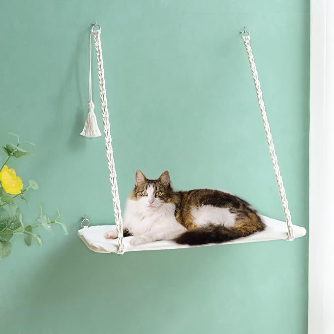Mkono Cat Window Perch Macrame Boho Cat Hammock Wall Mounted Cat Bed for Indoor Cat, Pet Resting Seat Safety Space Saving Cat Shelves with Screw Suction Cups - Image 3