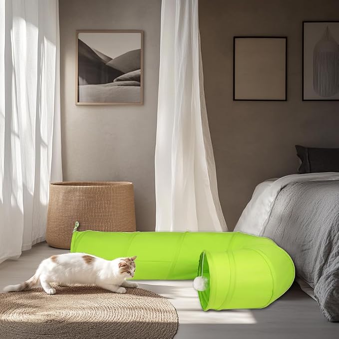 Cat Tunnel, 2-Way Collapsible Cat Tube with Interactive Peek-A-Boo Hole, Toy Ball, and Rope – Ideal for Indoor Cats, Kittens, and Rabbits (Green) - Image 7